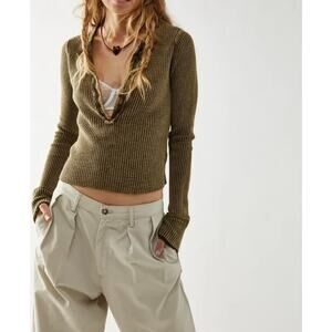 Free People FP One Colt Thermal Waffle Knit Button Long Sleeve Top S Khaki Green